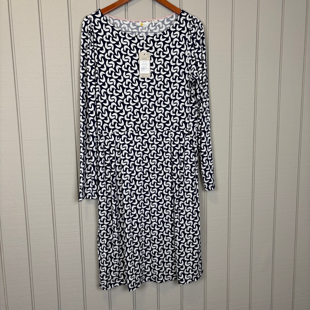 NWT Boden Navy White Long Sleeve Printed Jersey Dress Size US 10R
